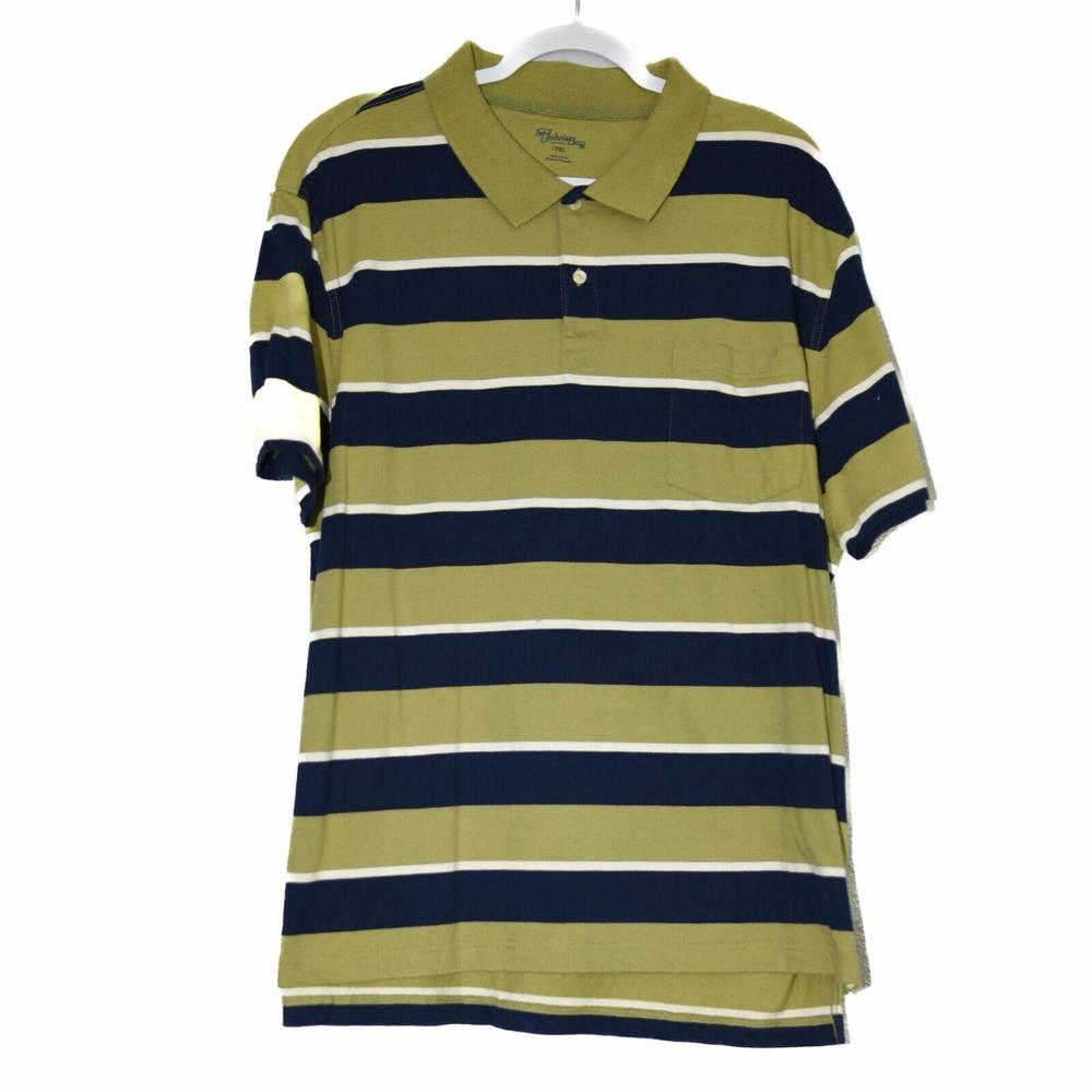 F. Johns Bay Mens Green Polo Shirt Blue White Striped Collared Top Size 2XL